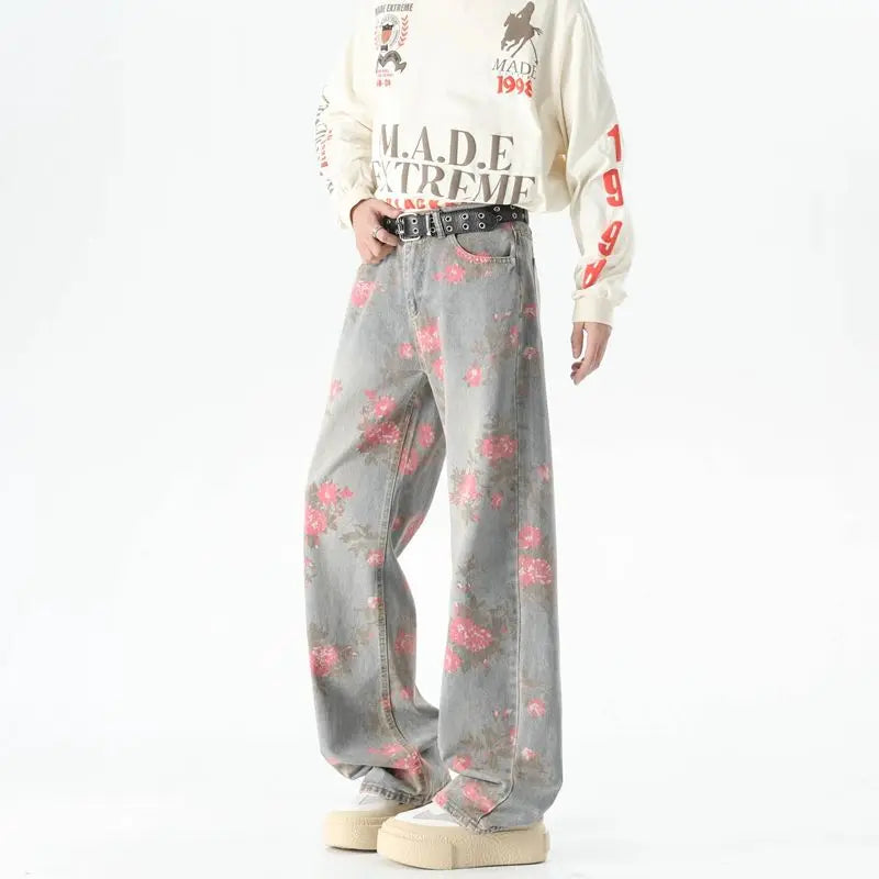 Peony Jacquard Jeans Men's Niche Design Sense Washed Blue Pants Loose Straight Leg Jeans Snaviére