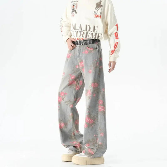 Peony Jacquard Jeans Men's Niche Design Sense Washed Blue Pants Loose Straight Leg Jeans Snaviére