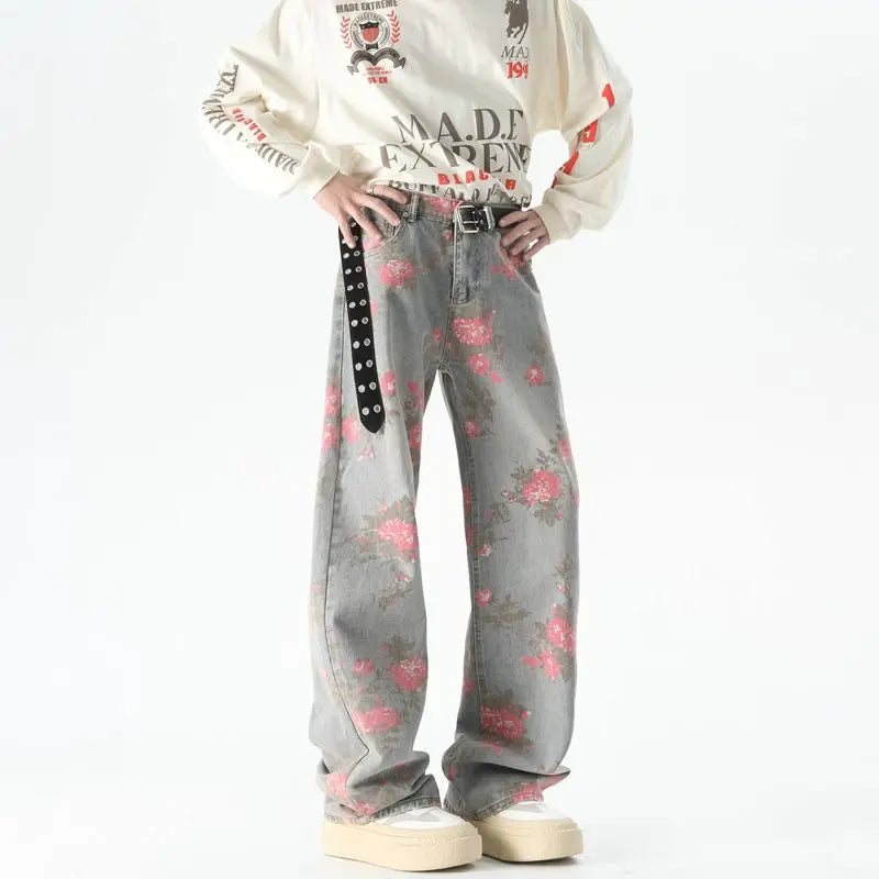 Peony Jacquard Jeans Men's Niche Design Sense Washed Blue Pants Loose Straight Leg Jeans Snaviére