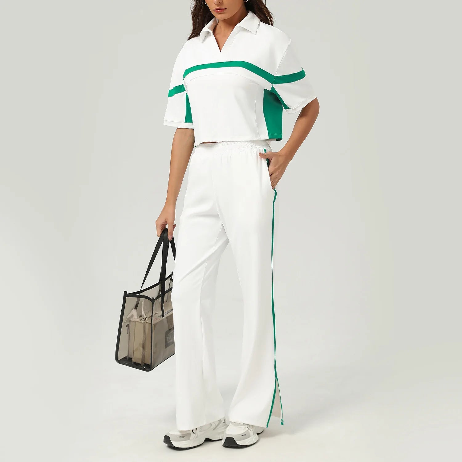 Newest UPF 50+ Two Piece Women Tennis Golf Wear Set Polo Collar Crop Top and Pants Anti-UV Loose Casual Tennis Wear Snaivere