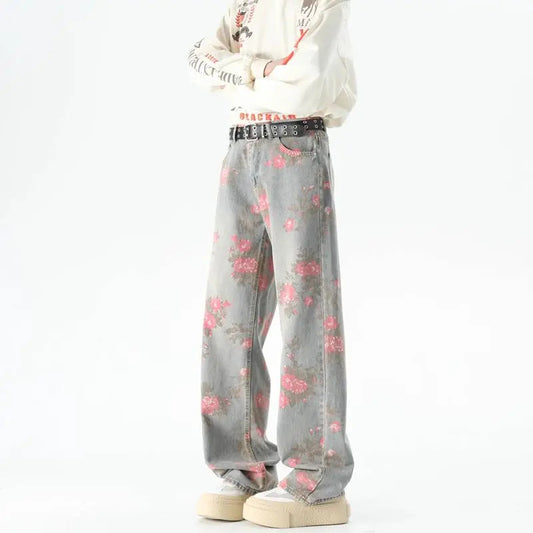 Peony Jacquard Jeans Men's Niche Design Sense Washed Blue Pants Loose Straight Leg Jeans Snaviére