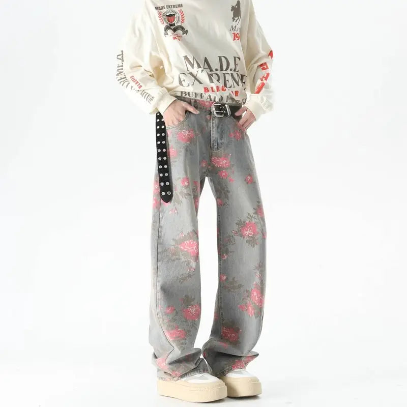 Peony Jacquard Jeans Men's Niche Design Sense Washed Blue Pants Loose Straight Leg Jeans Snaviére
