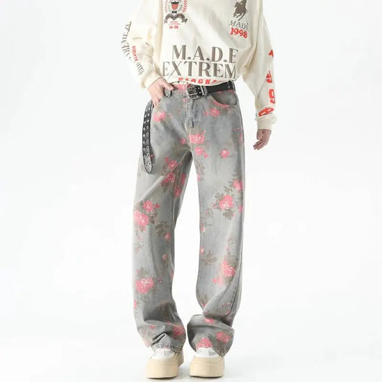 Peony Jacquard Jeans Men's Niche Design Sense Washed Blue Pants Loose Straight Leg Jeans Snaviére