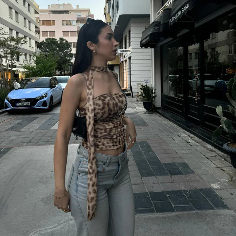 Tulle Leopard Print Top - Off-Shoulder Bandeau Summer Blouse Snaviére