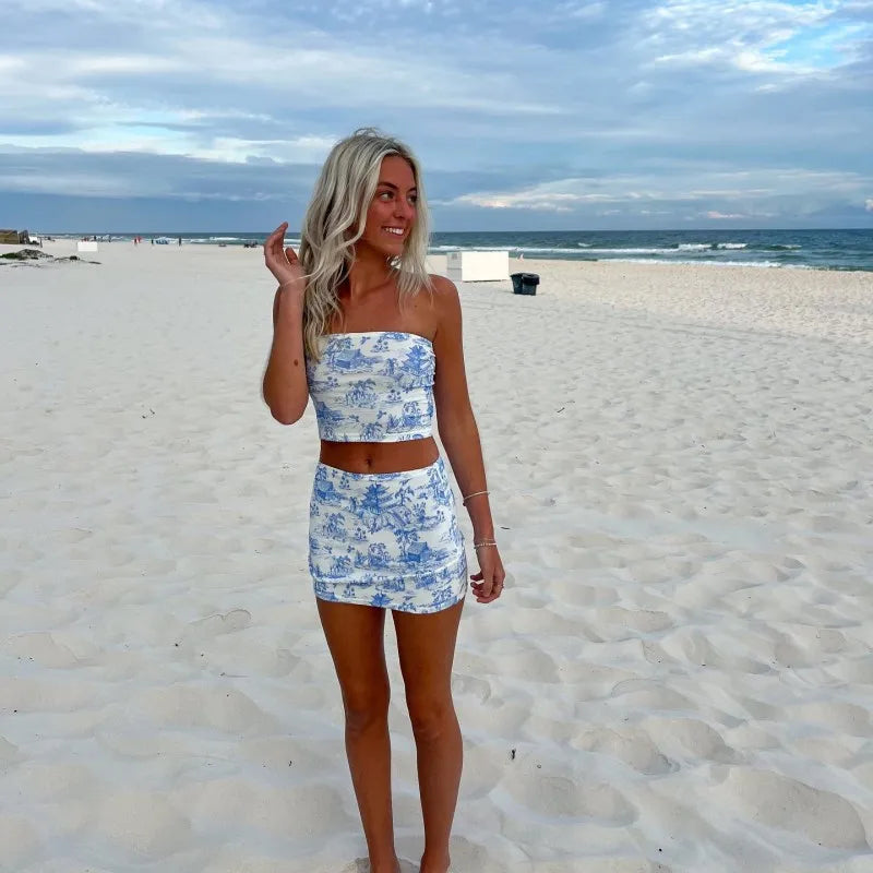 2-Piece Summer Set - Retro Print Strapless Top & High-Waisted Mini Skirt Snaviére