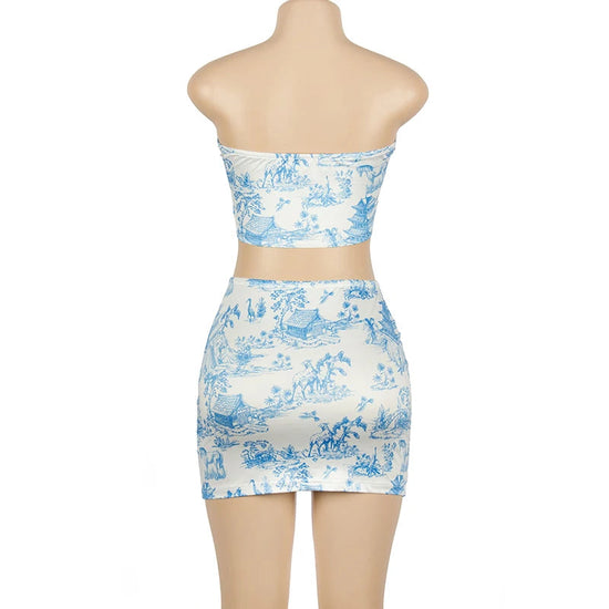 2-Piece Summer Set - Retro Print Strapless Top & High-Waisted Mini Skirt Snaviére