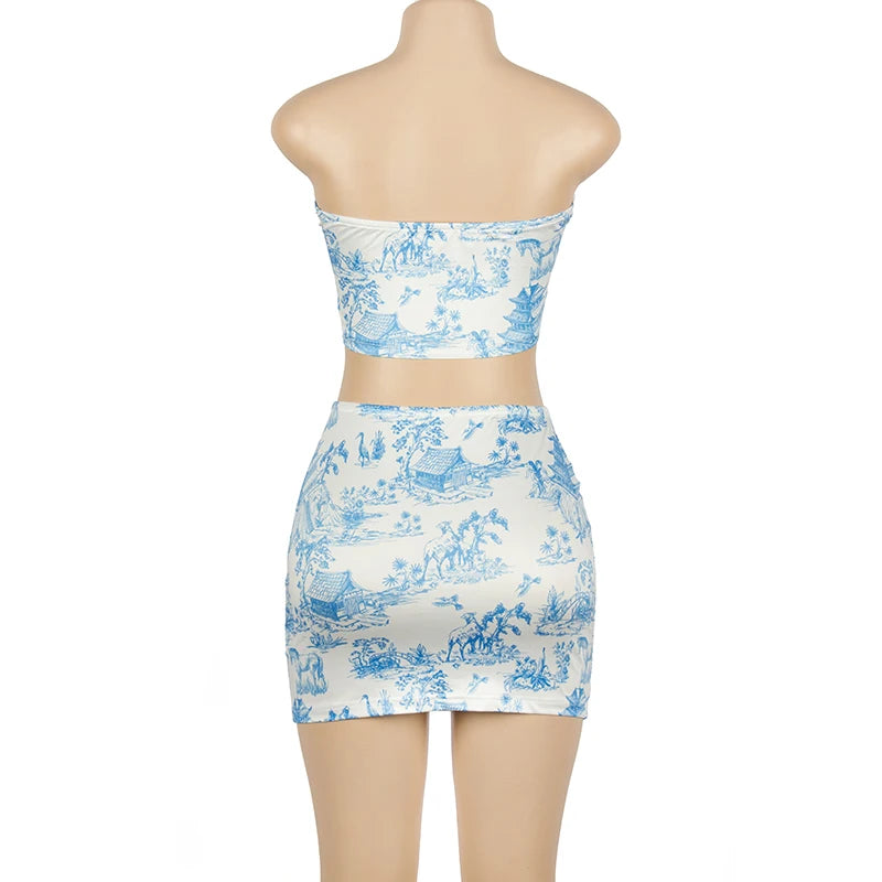 2-Piece Summer Set - Retro Print Strapless Top & High-Waisted Mini Skirt Snaviére