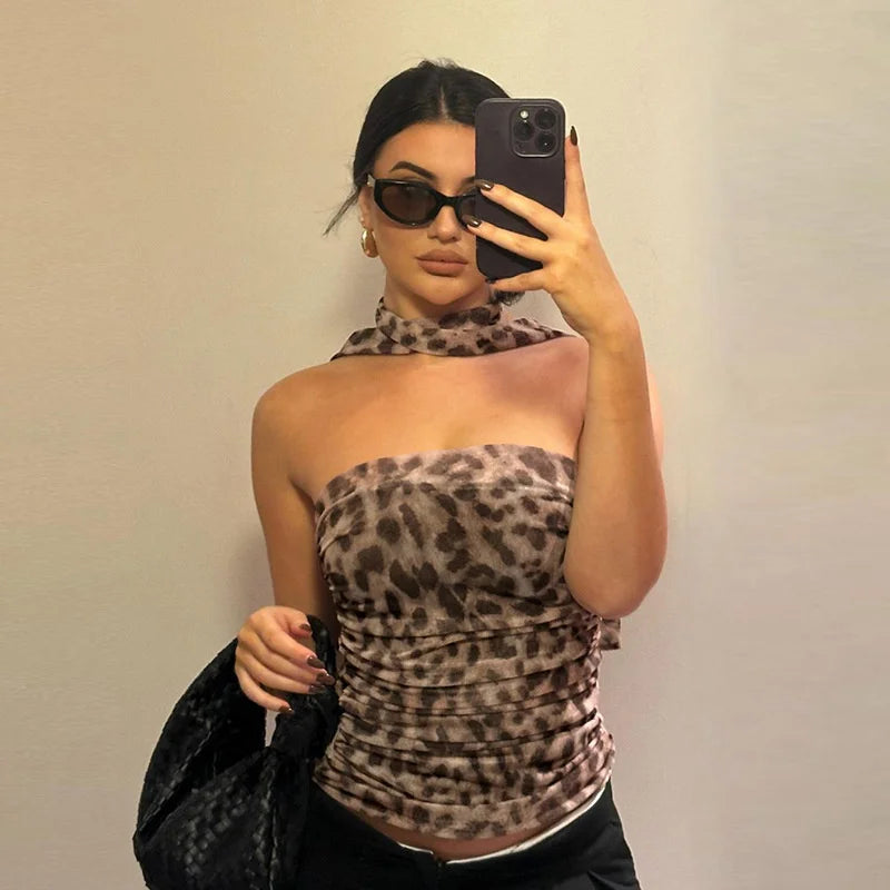Tulle Leopard Print Top - Off-Shoulder Bandeau Summer Blouse Snaviére