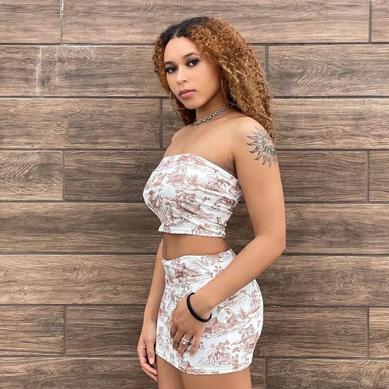2-Piece Summer Set - Retro Print Strapless Top & High-Waisted Mini Skirt Snaviére