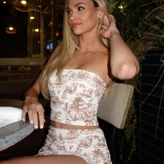 2-Piece Summer Set - Retro Print Strapless Top & High-Waisted Mini Skirt Snaviére