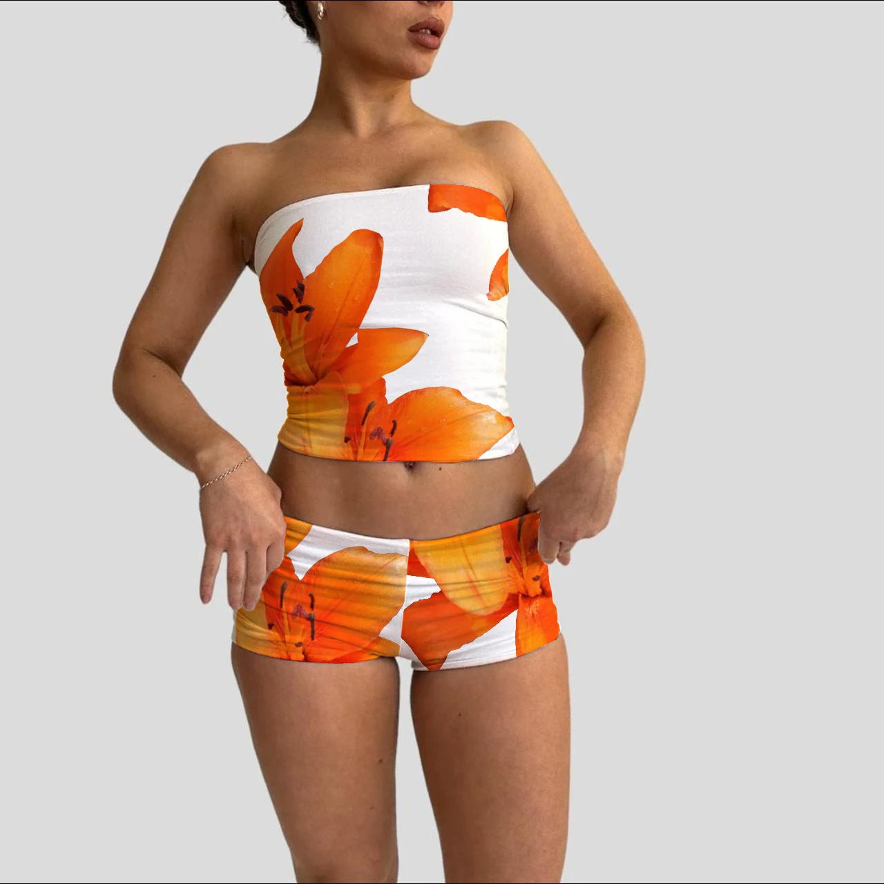 Floral Bandeau Top & Wrap Mini Skirt Lounge Outfit Snaviére