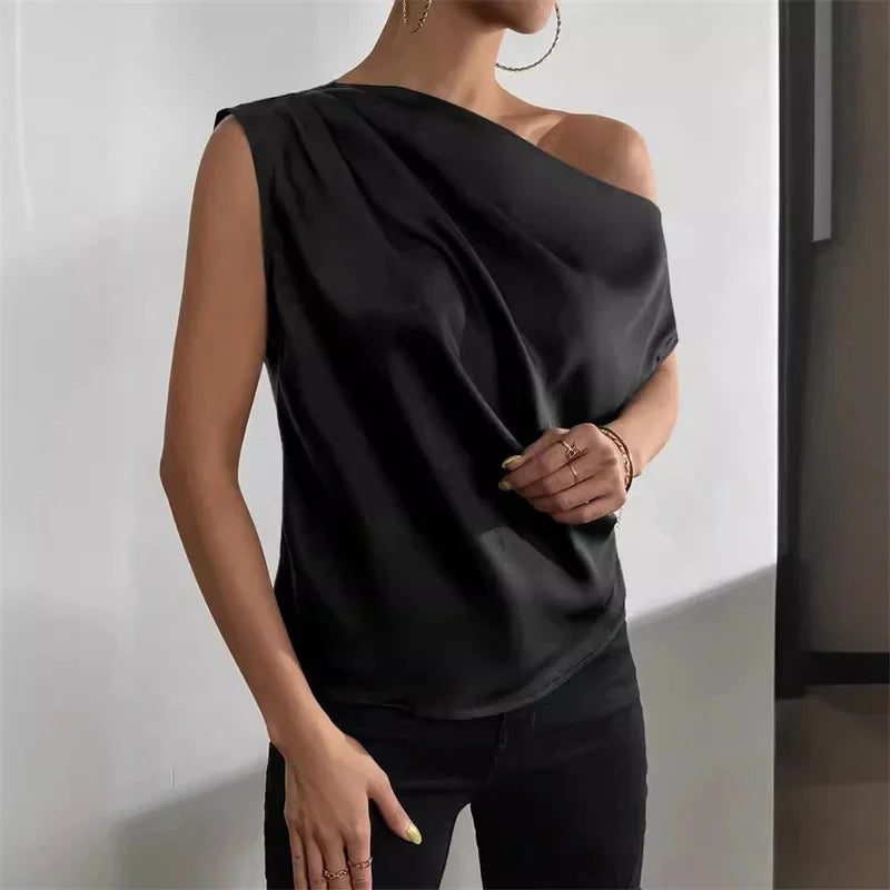 Women Summer Style Blouses Shirts Lady Casual Sleeveless Skew Collar Solid Color Blouse Tops Snaviére