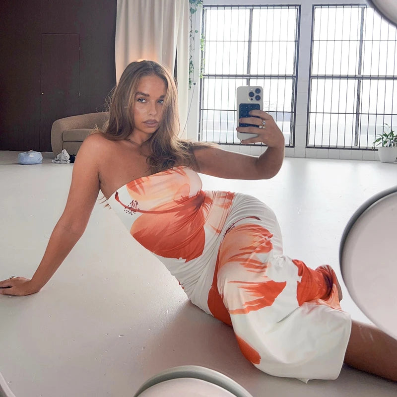 Floral Maxi Dress - Off-Shoulder Beach Vacation Long Dress Snaviére
