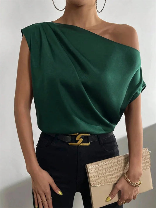 Women Summer Style Blouses Shirts Lady Casual Sleeveless Skew Collar Solid Color Blouse Tops Snaviére