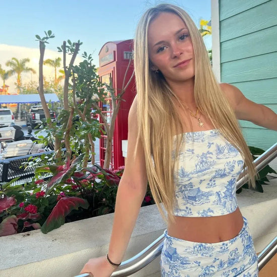 2-Piece Summer Set - Retro Print Strapless Top & High-Waisted Mini Skirt Snaviére