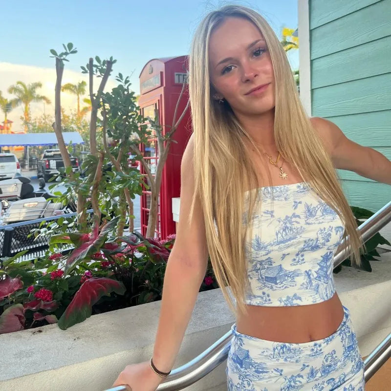 2-Piece Summer Set - Retro Print Strapless Top & High-Waisted Mini Skirt Snaviére