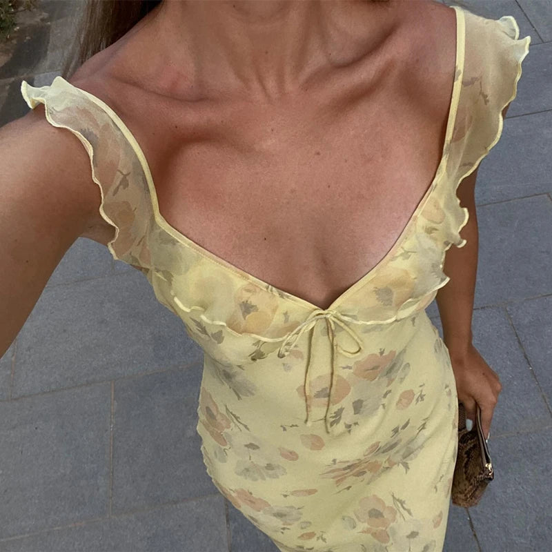 Floral Halter Maxi Dress - Backless Ruffle Summer Dress with Off-Shoulder Design Snaviére