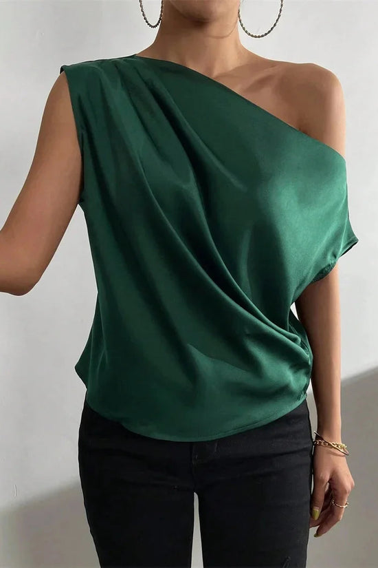 Women Summer Style Blouses Shirts Lady Casual Sleeveless Skew Collar Solid Color Blouse Tops Snaviére