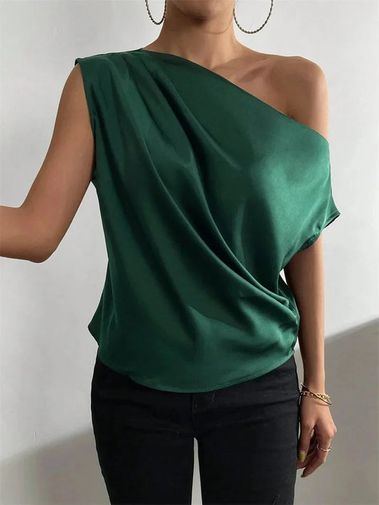 Women Summer Style Blouses Shirts Lady Casual Sleeveless Skew Collar Solid Color Blouse Tops Snaviére