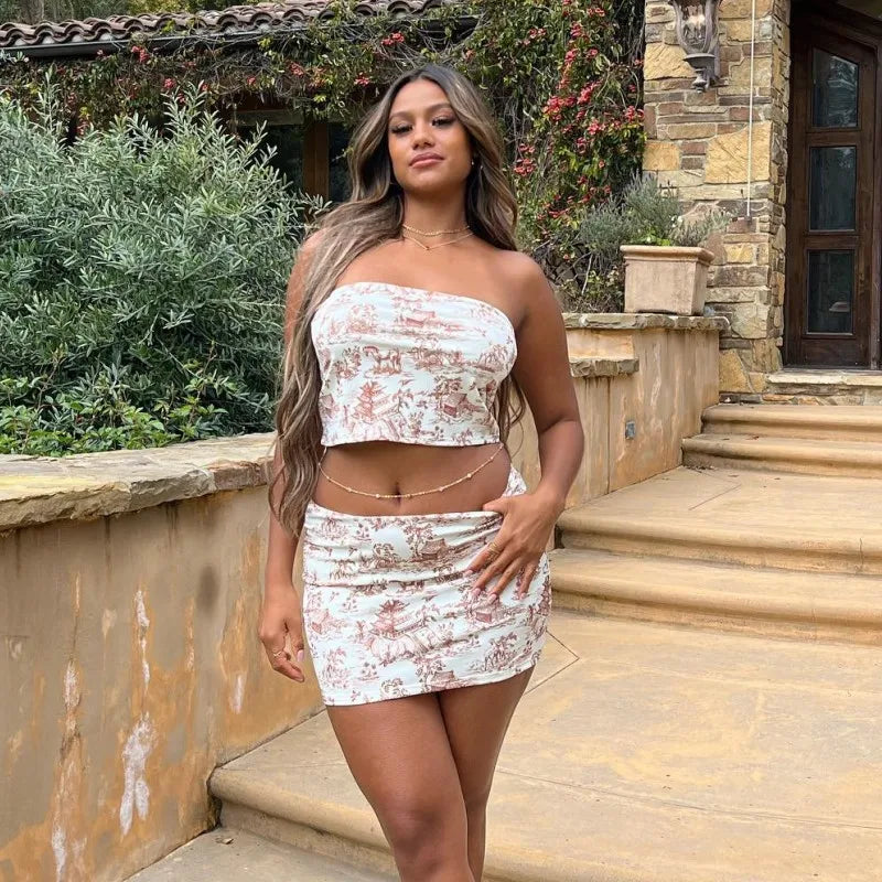 2-Piece Summer Set - Retro Print Strapless Top & High-Waisted Mini Skirt Snaviére