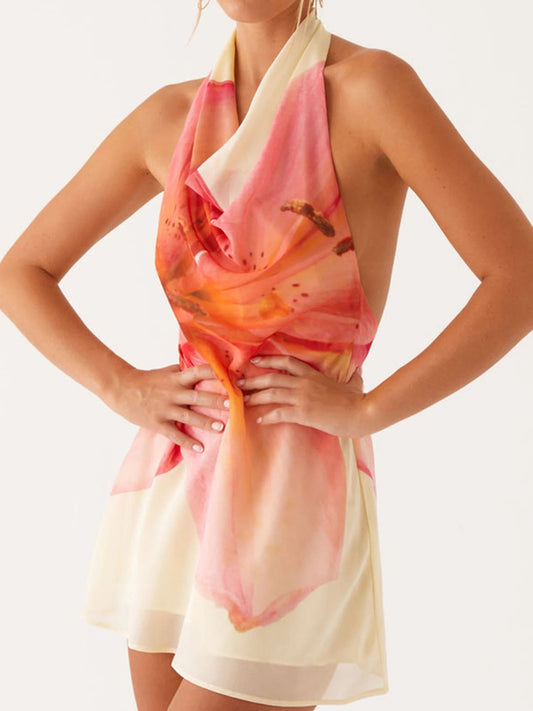 Floral Halter Mini Dress - Sleeveless Summer Party Dress for Clubbing Snaviére