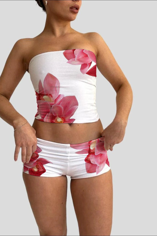 Floral Bandeau Top & Wrap Mini Skirt Lounge Outfit Snaviére
