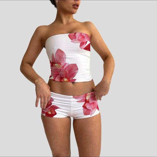 Floral Bandeau Top & Wrap Mini Skirt Lounge Outfit Snaviére
