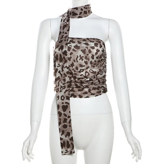 Tulle Leopard Print Top - Off-Shoulder Bandeau Summer Blouse Snaviére