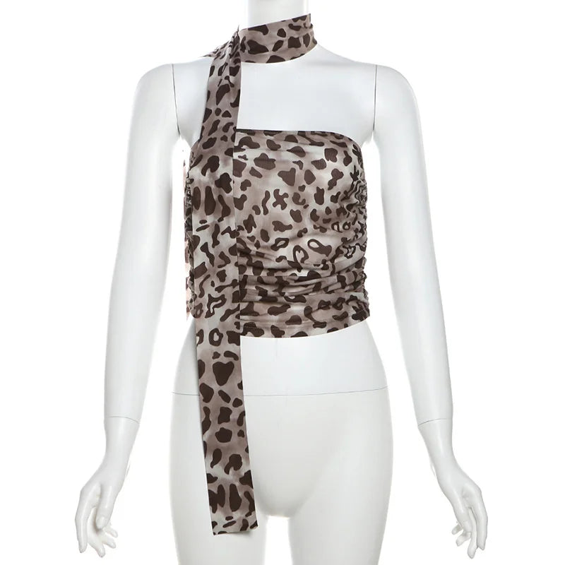 Tulle Leopard Print Top - Off-Shoulder Bandeau Summer Blouse Snaviére