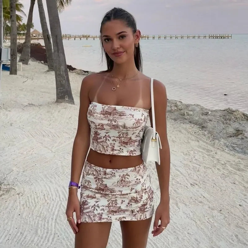 2-Piece Summer Set - Retro Print Strapless Top & High-Waisted Mini Skirt Snaviére