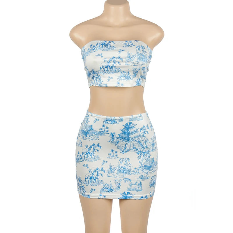 2-Piece Summer Set - Retro Print Strapless Top & High-Waisted Mini Skirt Snaviére