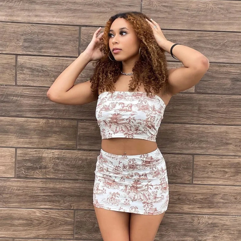 2-Piece Summer Set - Retro Print Strapless Top & High-Waisted Mini Skirt Snaviére
