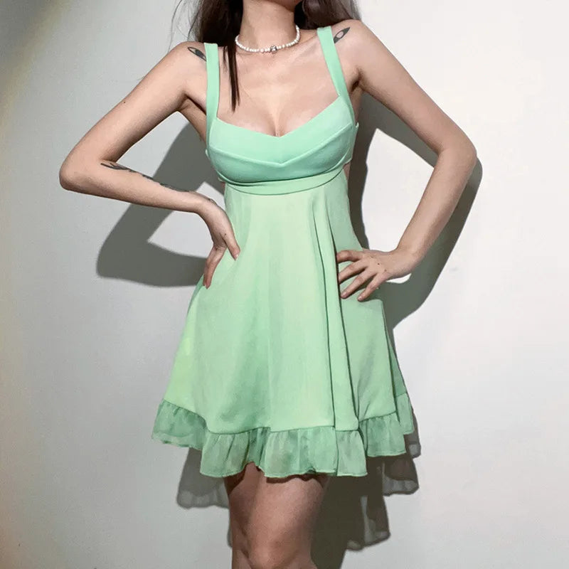 Elegant Cutout Dress - Solid Color Backless Ruffle Sling Dress Snaviére