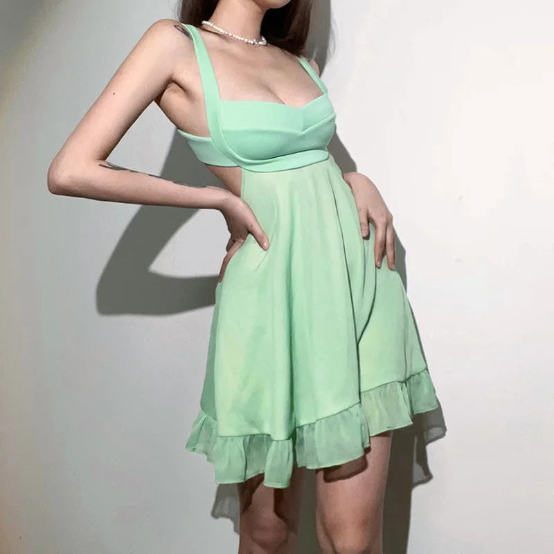 Elegant Cutout Dress - Solid Color Backless Ruffle Sling Dress Snaviére