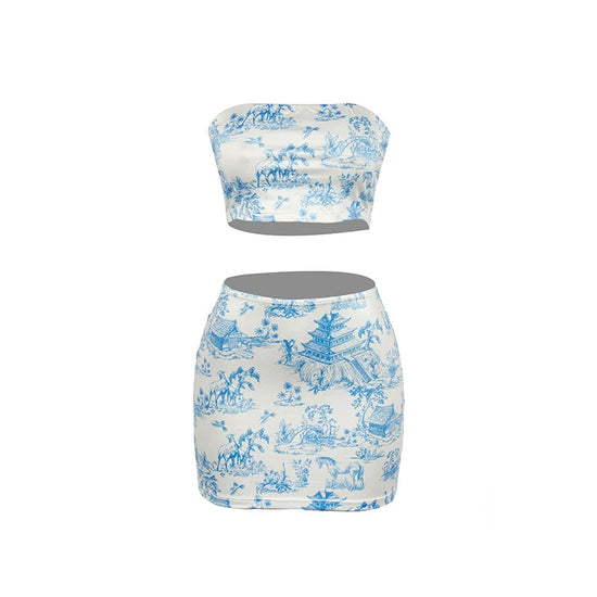 2-Piece Summer Set - Retro Print Strapless Top & High-Waisted Mini Skirt Snaviére