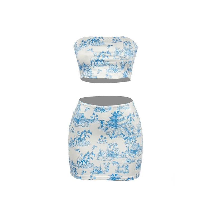 2-Piece Summer Set - Retro Print Strapless Top & High-Waisted Mini Skirt Snaviére