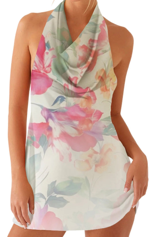 Floral Halter Mini Dress - Sleeveless Summer Party Dress for Clubbing Snaviére