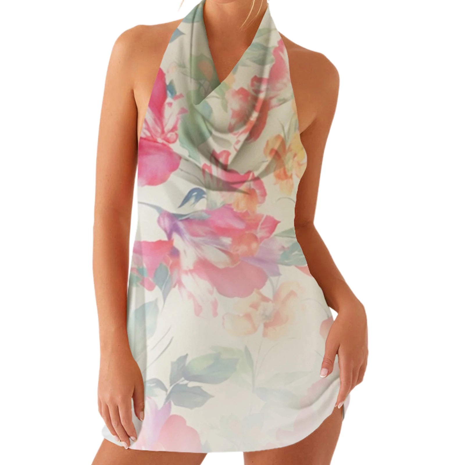 Floral Halter Mini Dress - Sleeveless Summer Party Dress for Clubbing Snaviére