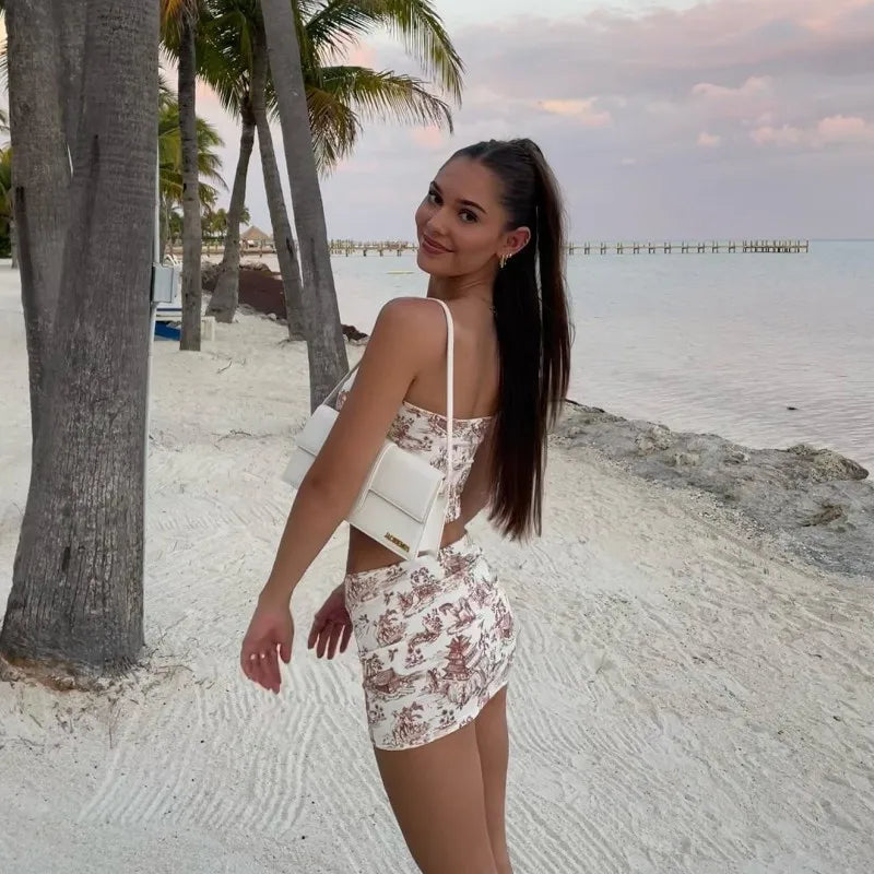 2-Piece Summer Set - Retro Print Strapless Top & High-Waisted Mini Skirt Snaviére
