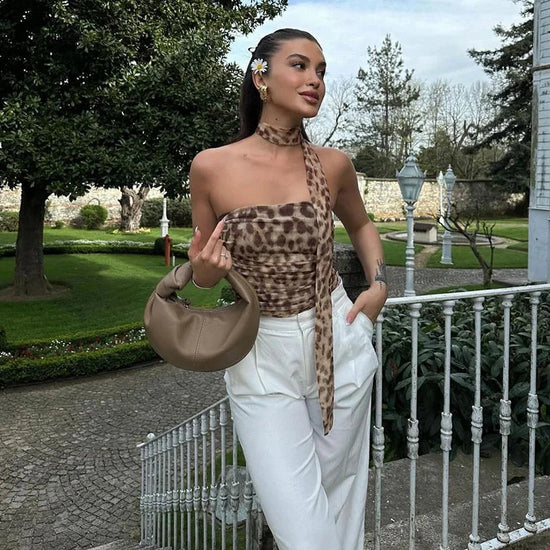 Tulle Leopard Print Top - Off-Shoulder Bandeau Summer Blouse Snaviére