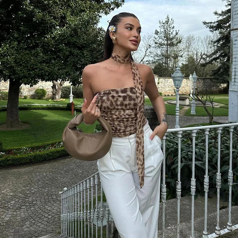 Tulle Leopard Print Top - Off-Shoulder Bandeau Summer Blouse Snaviére