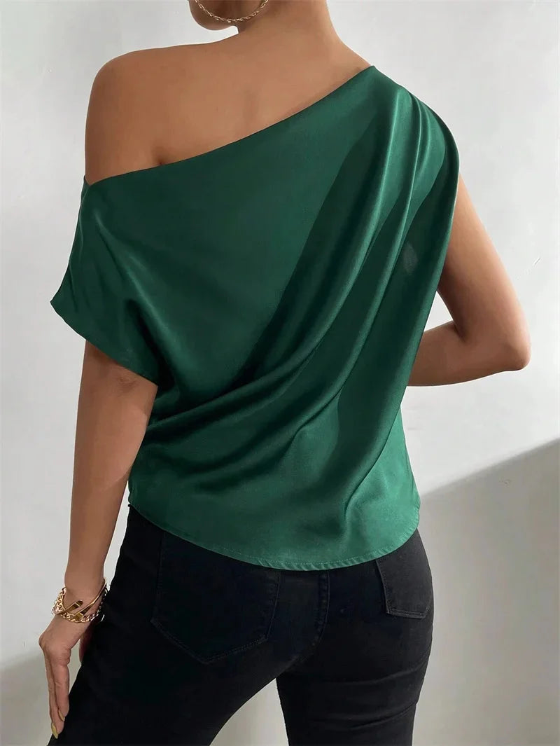 Women Summer Style Blouses Shirts Lady Casual Sleeveless Skew Collar Solid Color Blouse Tops Snaviére