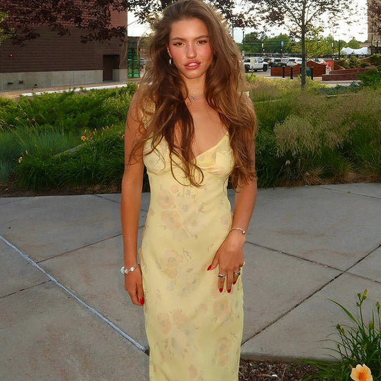 Floral Halter Maxi Dress - Backless Ruffle Summer Dress with Off-Shoulder Design Snaviére