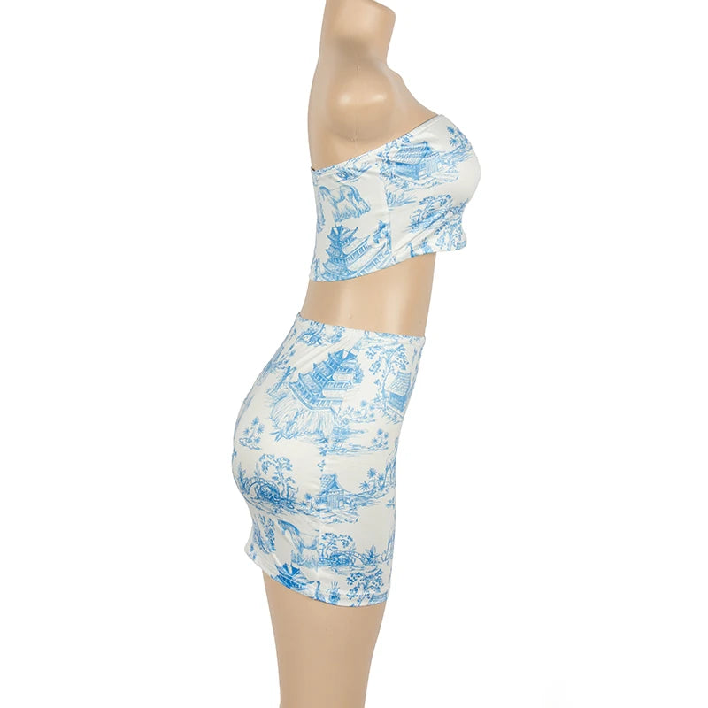 2-Piece Summer Set - Retro Print Strapless Top & High-Waisted Mini Skirt Snaviére
