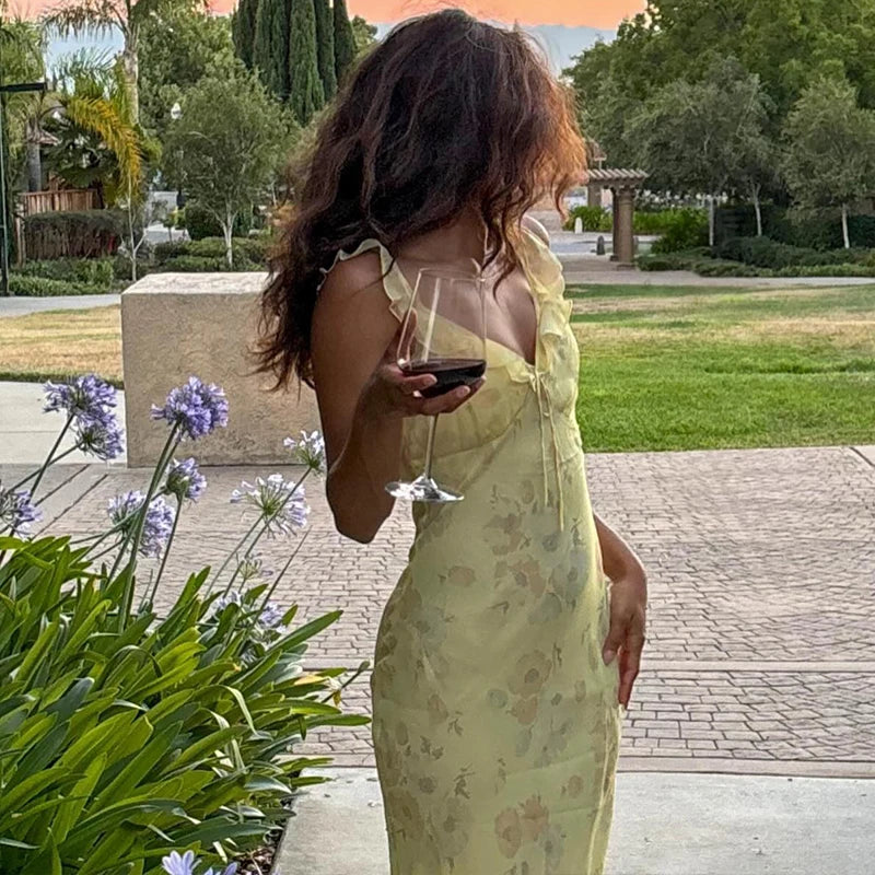 Floral Halter Maxi Dress - Backless Ruffle Summer Dress with Off-Shoulder Design Snaviére