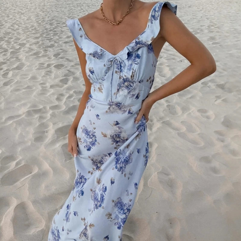 Floral Halter Maxi Dress - Backless Ruffle Summer Dress with Off-Shoulder Design Snaviére