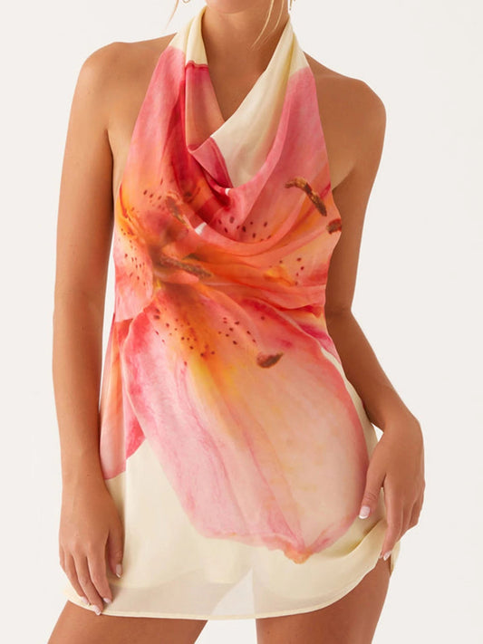 Floral Halter Mini Dress - Sleeveless Summer Party Dress for Clubbing Snaviére