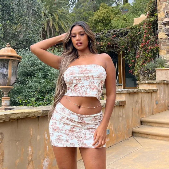 2-Piece Summer Set - Retro Print Strapless Top & High-Waisted Mini Skirt Snaviére