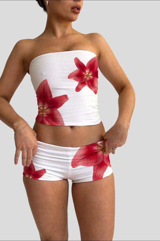Floral Bandeau Top & Wrap Mini Skirt Lounge Outfit Snaviére