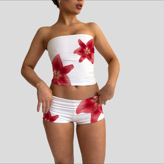 Floral Bandeau Top & Wrap Mini Skirt Lounge Outfit Snaviére